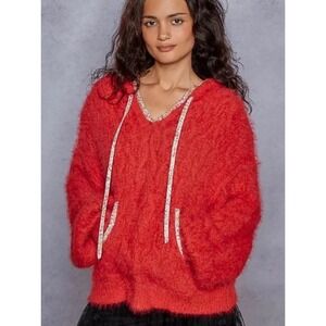 POL Womens Red Eyelash Knit Fuzzy Hoodie Floral Trim Oversized Sweater YST752 M